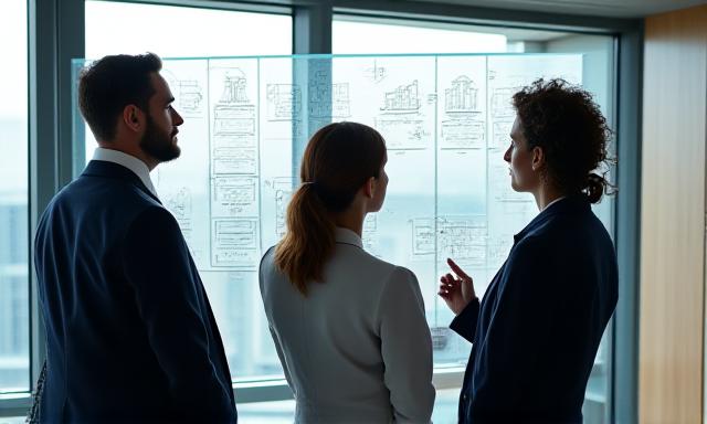 A team of professionals planning data architecture on a whiteboard